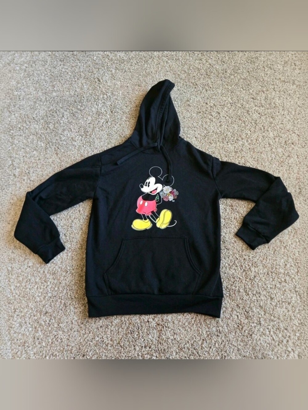 Women's Disney Mickey Mouse Black Hooded Sweatshirt Embroidered Flowers Size Med